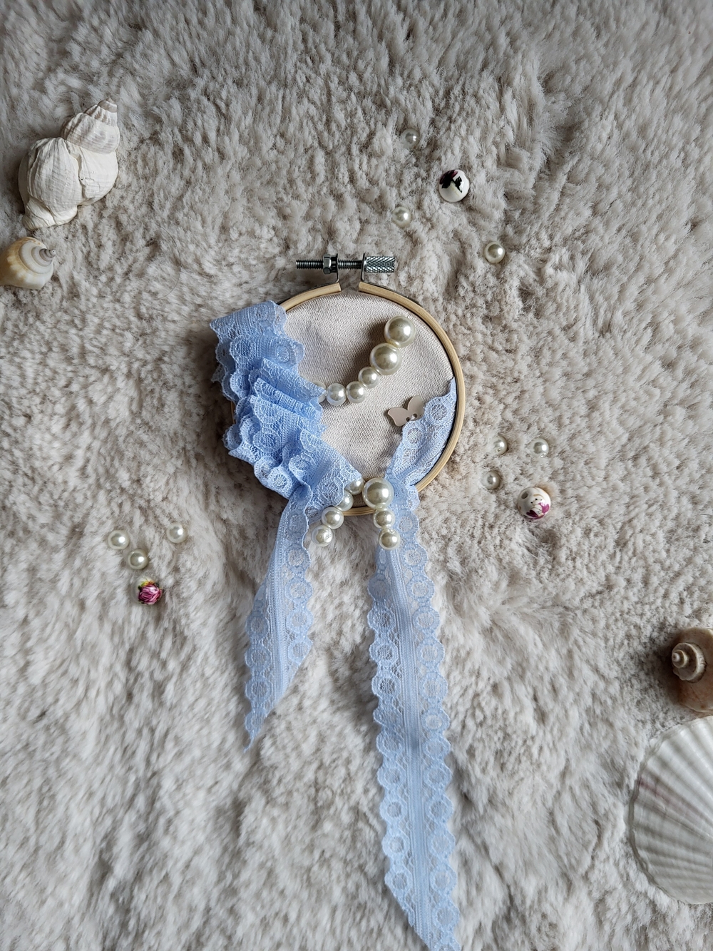 Delicate Lace And Silk with Pearl Accents Art On 4in Embroidery Hoop Light Blue